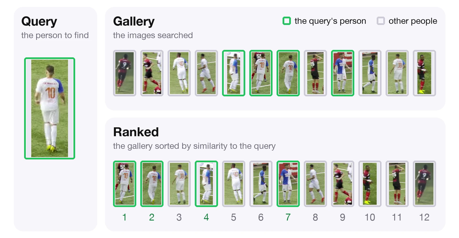 A query player, a gallery of crops, and the gallery ranked by similarity with the matches outlined